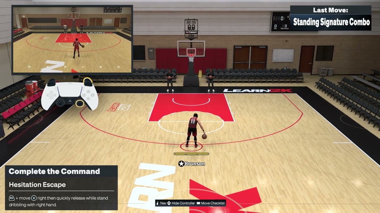 NBA 2K27 dribbling controls on PS5 showing a hesitation escape