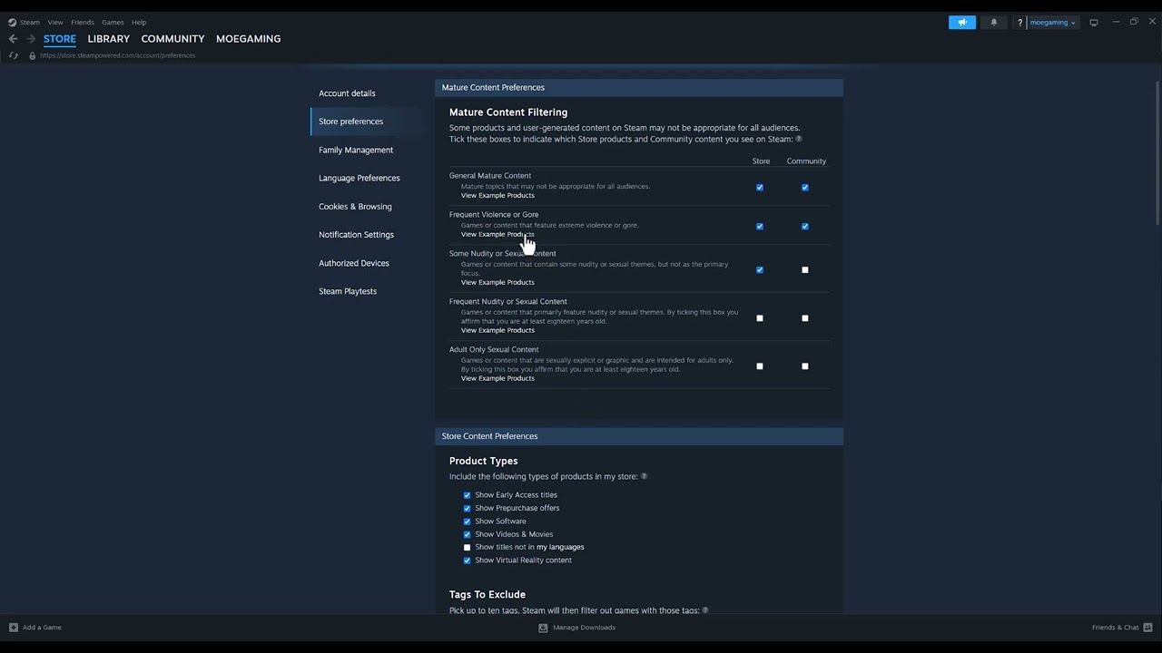 Steam Store preferences screen for games not appearing